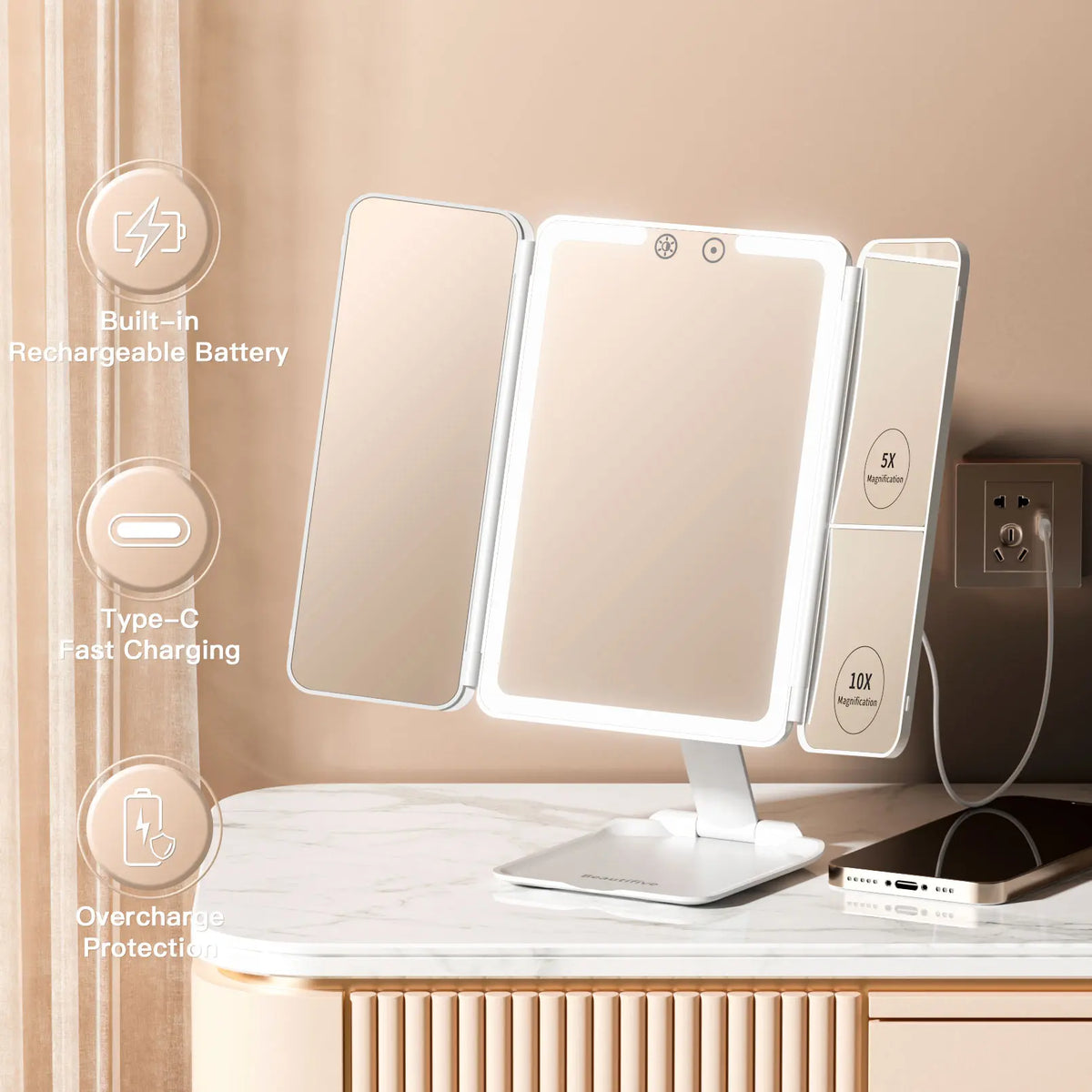 BEAUTIFIVE Tri-fold Travel Makeup Mirror with 48 LED Lights, 1X/5X/10X Rechargeable Vanity Mirror with Light, Portable Magnifying Mirror with Light, Stepless Dimming and Touch Control Table Mirror, Perfect Gift for Her, SummerVibes