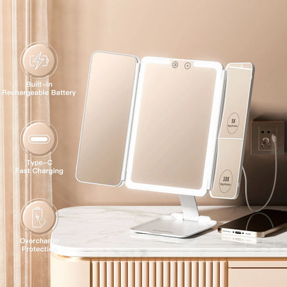 BEAUTIFIVE Tri-fold Travel Makeup Mirror with 48 LED Lights, 1X/5X/10X Rechargeable Vanity Mirror with Light, Portable Magnifying Mirror with Light, Stepless Dimming and Touch Control Table Mirror, Perfect Gift for Her, SummerVibes