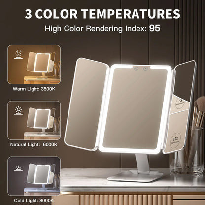 BEAUTIFIVE Tri-fold Travel Makeup Mirror with 48 LED Lights, 1X/5X/10X Rechargeable Vanity Mirror with Light, Portable Magnifying Mirror with Light, Stepless Dimming and Touch Control Table Mirror, Perfect Gift for Her, SummerVibes