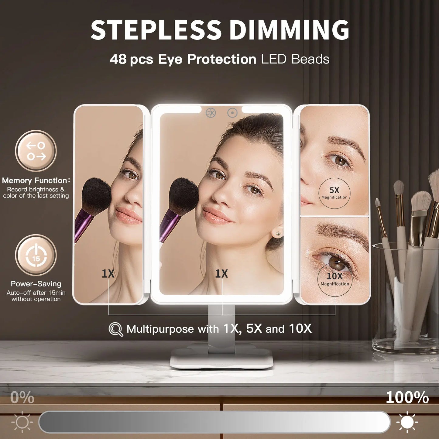 BEAUTIFIVE Tri-fold Travel Makeup Mirror with 48 LED Lights, 1X/5X/10X Rechargeable Vanity Mirror with Light, Portable Magnifying Mirror with Light, Stepless Dimming and Touch Control Table Mirror, Perfect Gift for Her, SummerVibes