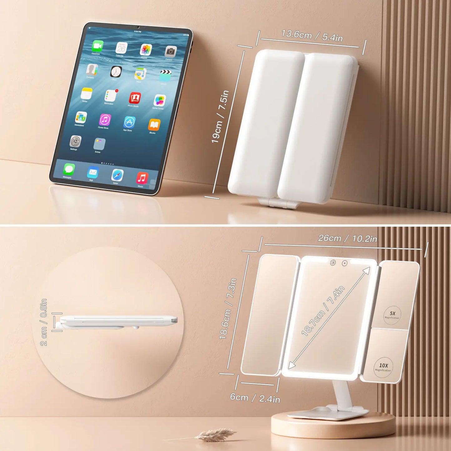 BEAUTIFIVE Tri-fold Travel Makeup Mirror with 48 LED Lights, 1X/5X/10X Rechargeable Vanity Mirror with Light, Portable Magnifying Mirror with Light, Stepless Dimming and Touch Control Table Mirror, Perfect Gift for Her, SummerVibes