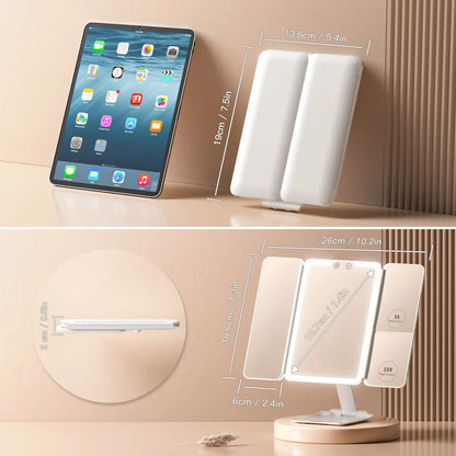 BEAUTIFIVE Tri-fold Travel Makeup Mirror with 48 LED Lights, 1X/5X/10X Rechargeable Vanity Mirror with Light, Portable Magnifying Mirror with Light, Stepless Dimming and Touch Control Table Mirror, Perfect Gift for Her, SummerVibes