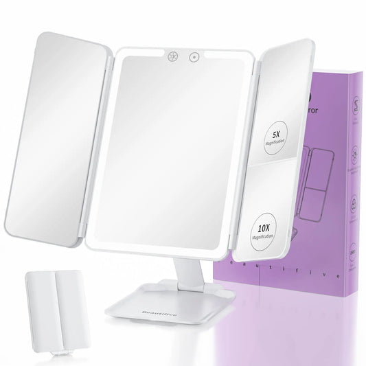 BEAUTIFIVE Tri-fold Travel Makeup Mirror with 48 LED Lights, 1X/5X/10X Rechargeable Vanity Mirror with Light, Portable Magnifying Mirror with Light, Stepless Dimming and Touch Control Table Mirror, Perfect Gift for Her, SummerVibes