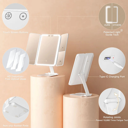 BEAUTIFIVE Tri-fold Travel Makeup Mirror with 48 LED Lights, 1X/5X/10X Rechargeable Vanity Mirror with Light, Portable Magnifying Mirror with Light, Stepless Dimming and Touch Control Table Mirror, Perfect Gift for Her, SummerVibes