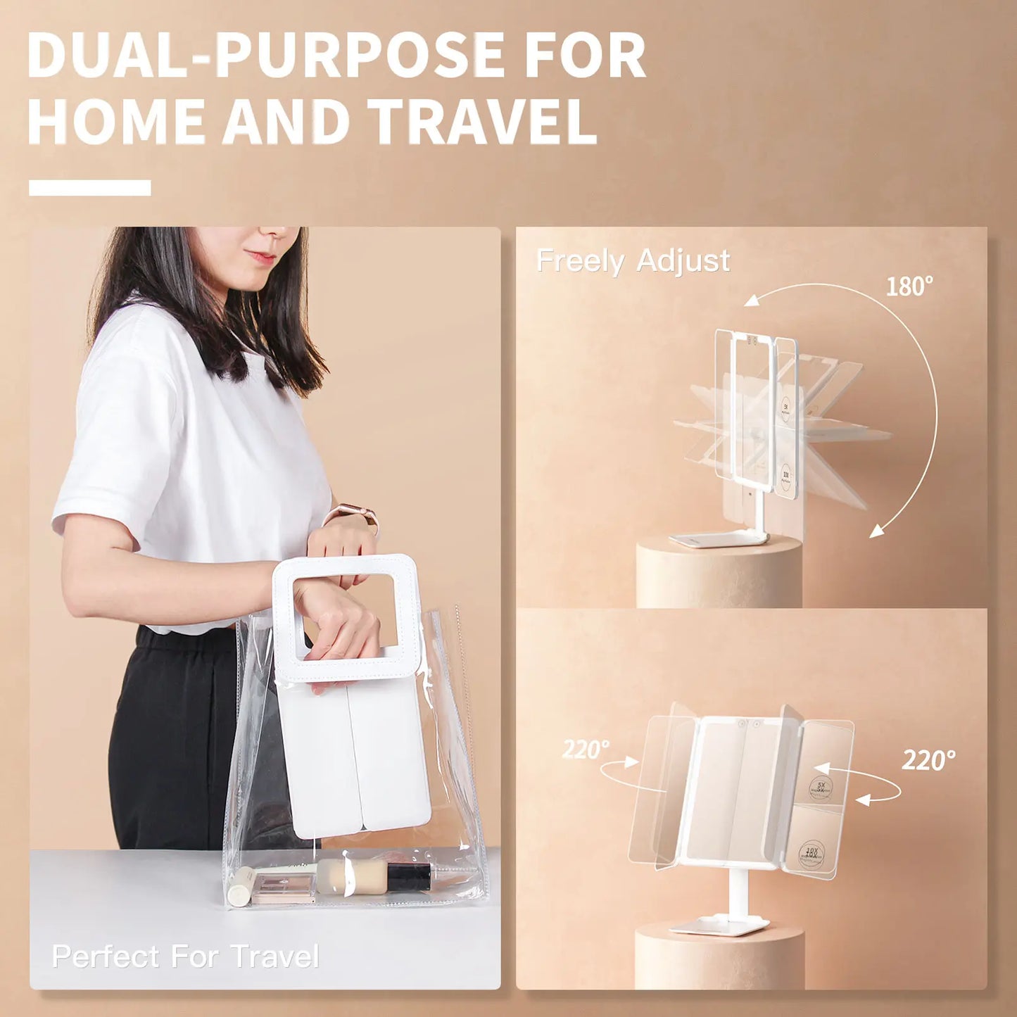 BEAUTIFIVE Tri-fold Travel Makeup Mirror with 48 LED Lights, 1X/5X/10X Rechargeable Vanity Mirror with Light, Portable Magnifying Mirror with Light, Stepless Dimming and Touch Control Table Mirror, Perfect Gift for Her, SummerVibes