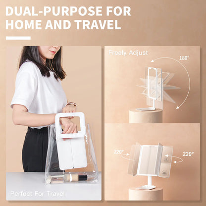 BEAUTIFIVE Tri-fold Travel Makeup Mirror with 48 LED Lights, 1X/5X/10X Rechargeable Vanity Mirror with Light, Portable Magnifying Mirror with Light, Stepless Dimming and Touch Control Table Mirror, Perfect Gift for Her, SummerVibes